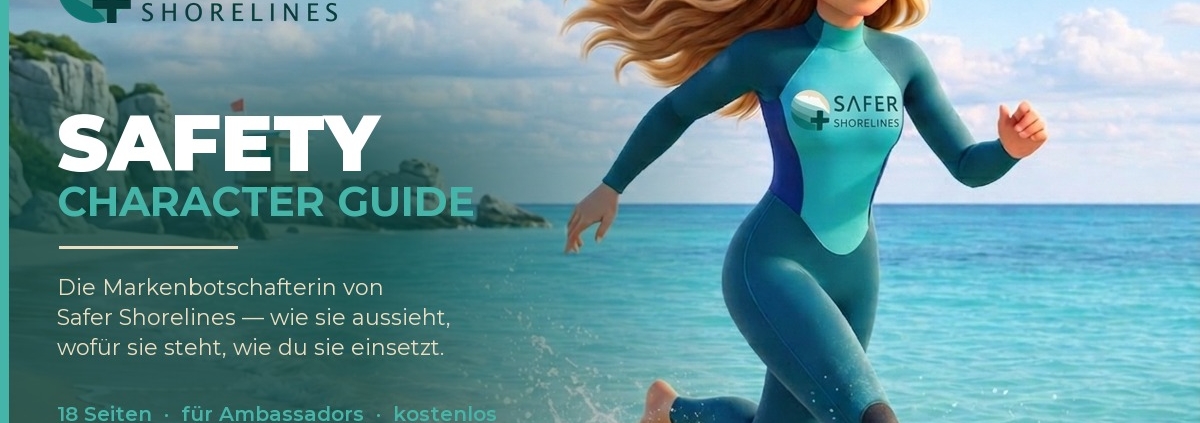 Safety Character Guide — Safety läuft am Strand entlang der Wasserlinie, Titelbild des Guides